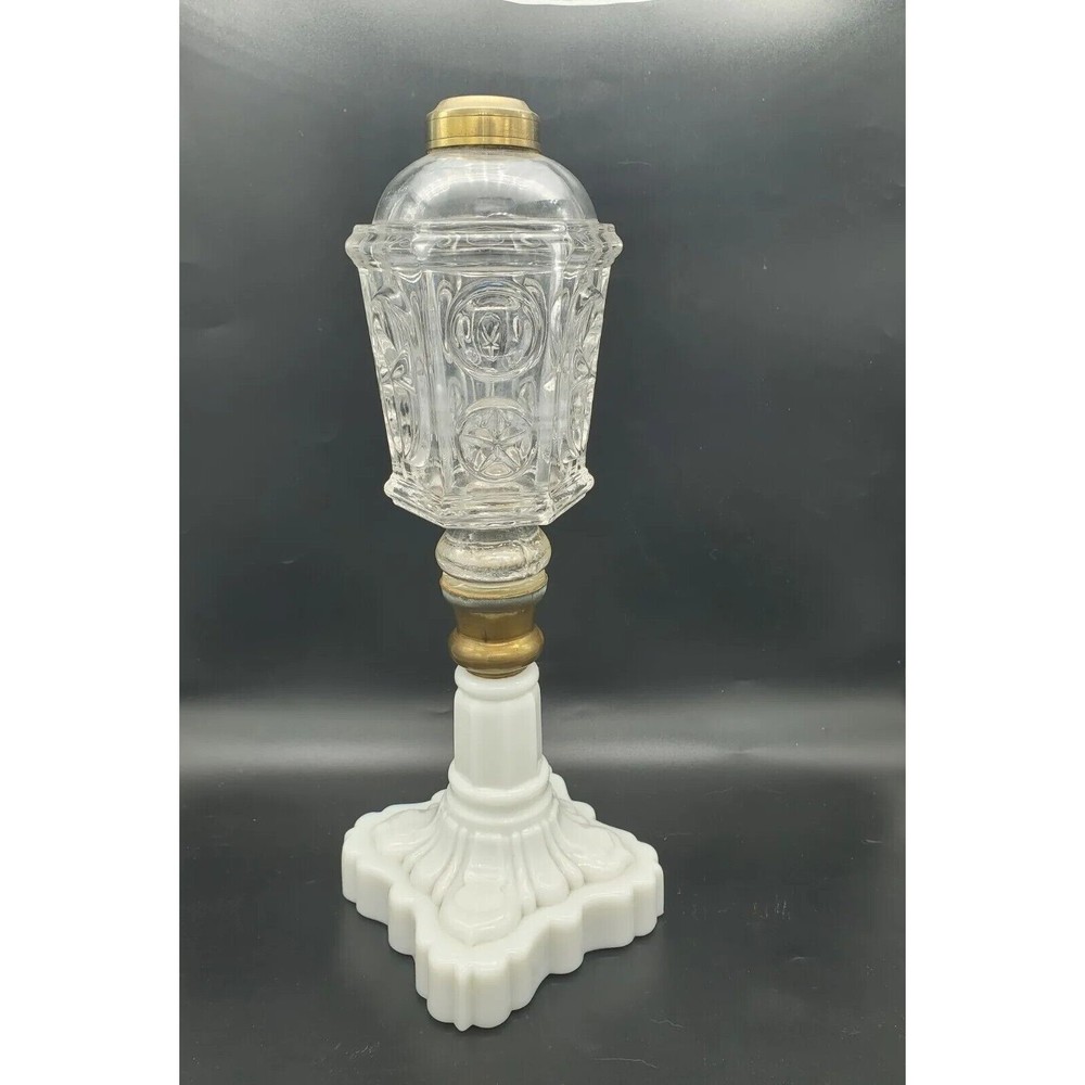 Antique Milk Glass Oil Lamp Star & Punty Pattern Whale Boston Sandwich 11.5"